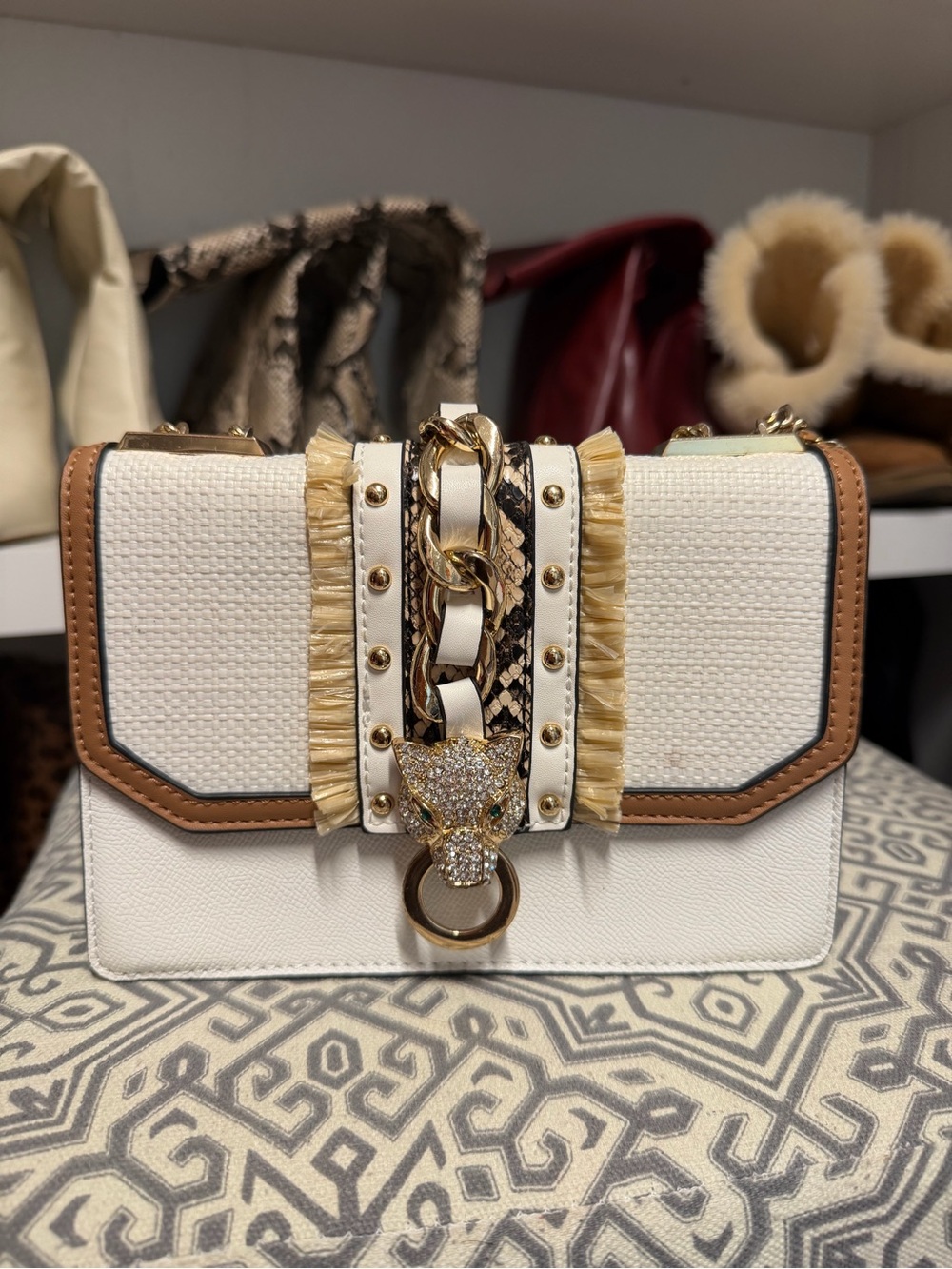Aldo White Crossbody with Gold Chain & Tan Trim